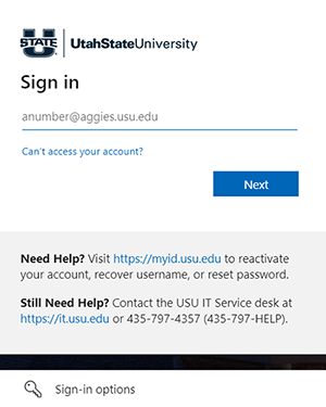 The USU SSO login menu to enter your email. 