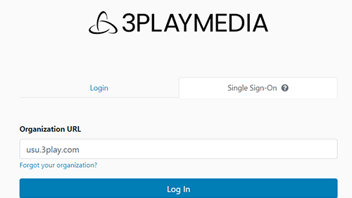 The 3Play Media login page with the tab Single-Sign on selected and the URL 3play.usu.com entered into the text field under organization URL.