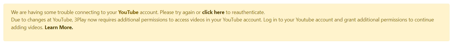 Error message in 3Play Media that an account needs to be reauthenticated.