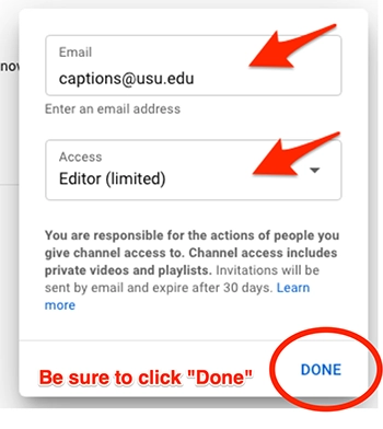 A dropdown menu with captions@usu.edu added under the email option and Editor (Limited) listed under access. A large circle is around the Done button. 