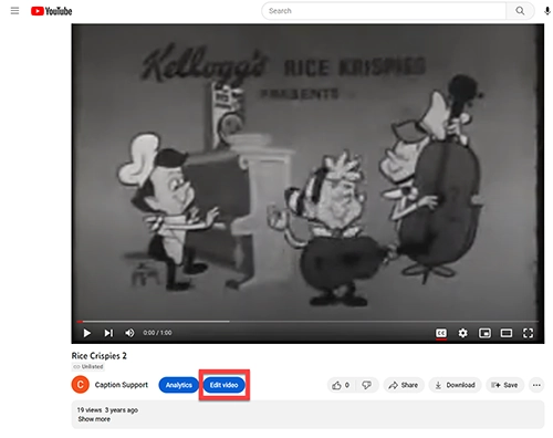 YouTube video with a red arrow pointing to the edit video button.