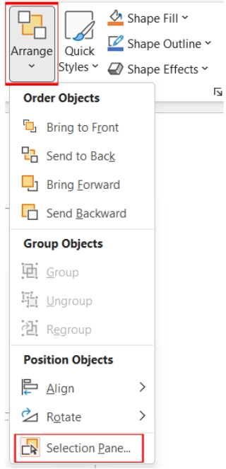 PowerPoint arrange tool. Click "Selection Pane..." to change reading order.