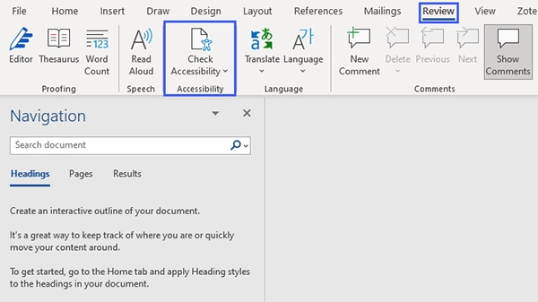 Microsoft words accessibility checker tool nested under the review tab.