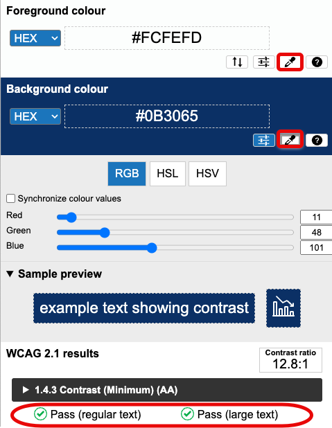 The Colour Contrast Analyzer tool with two colors selected using the eyedropper tools highlighted in red. A red circle also surrounds a section at the bottom that shows the colors pass under WCAG AA standards.