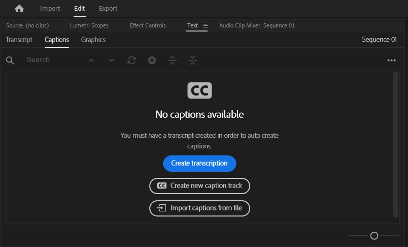 A screenshot of the captions workspace.