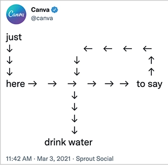 Canva Twitter account with a tweet using ASCII art that says "Just here to drink water" with several looping arrows.