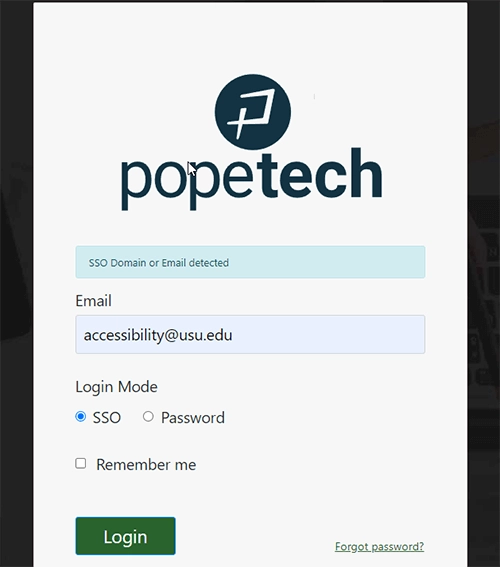 The Pope Tech login screen with a message that says SSO Domain or Email detected.