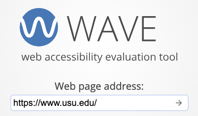 A screenshot of the WAVE web accessibility evaluation tool with usu.edu in the Web page address field.
