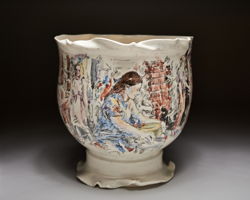 Urn decorated with a scene of a person with long brown hair working