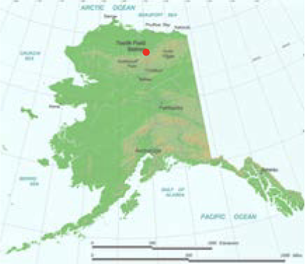 A map of Alaska with a red dot specifying the Toolik Field Station.