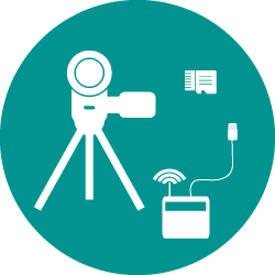 video camera, lav mic, and sd card icon