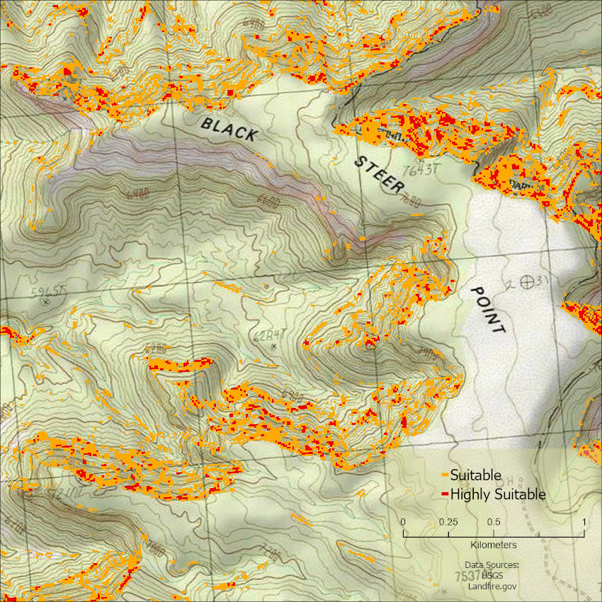 contour maps showing only the values of 3 and 4 with lesser values assigne 'no color'