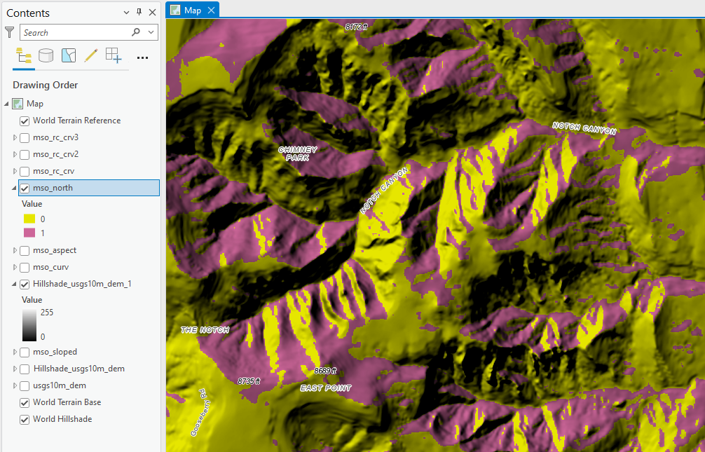 north_results over hillshade