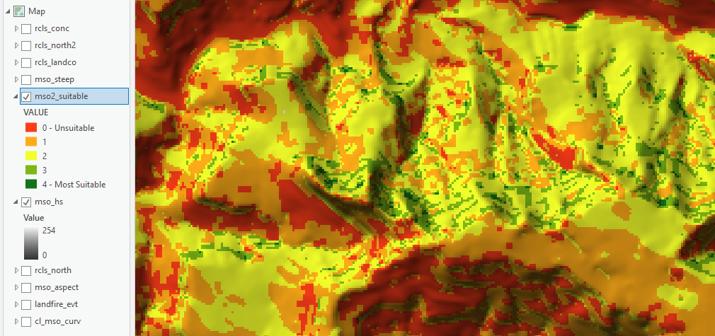 Contour map to  show 0 values as red and most suitable cells with values of 4 as green