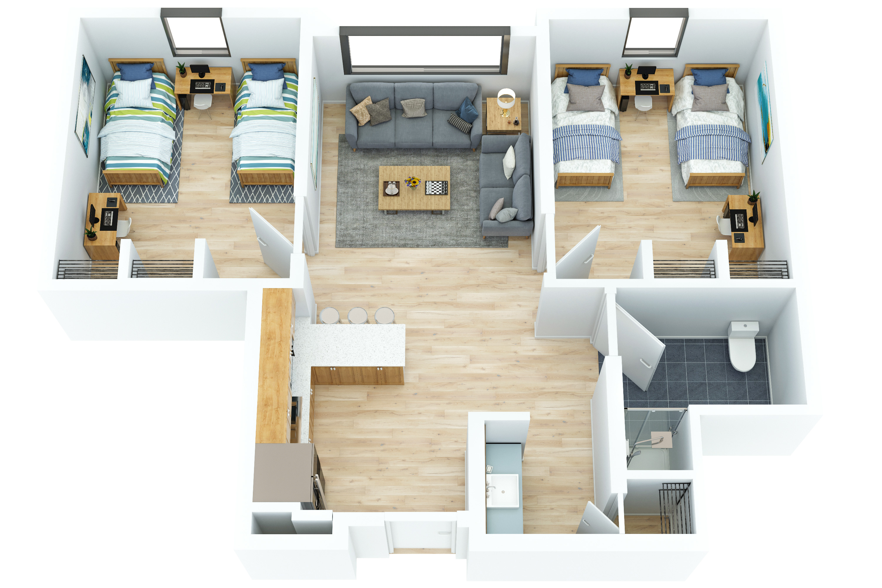 Floorplan of 4 bedroom apartment composed of 2 shared rooms