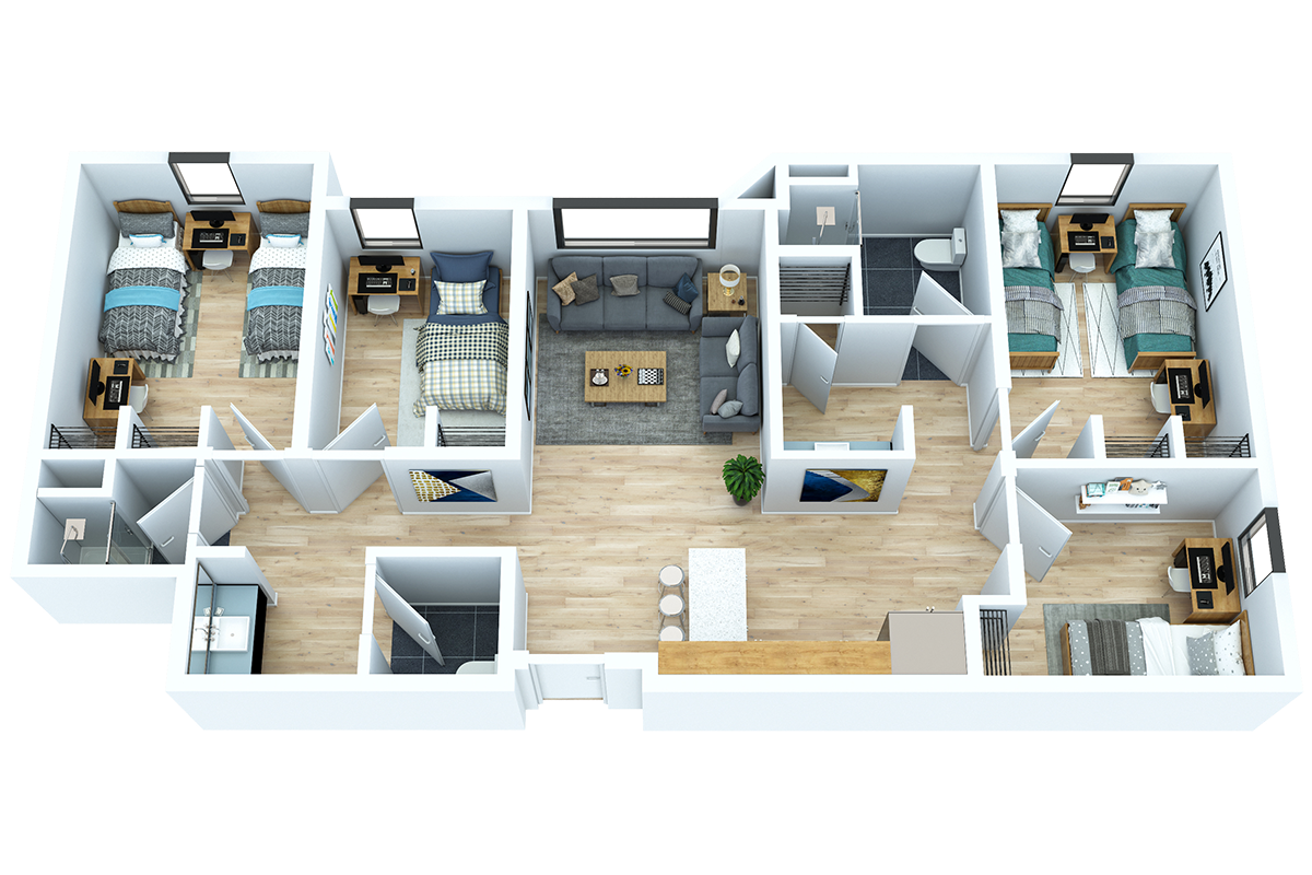 Floorplan of 6-Bed suite composed of 2 shared rooms and 2 private rooms