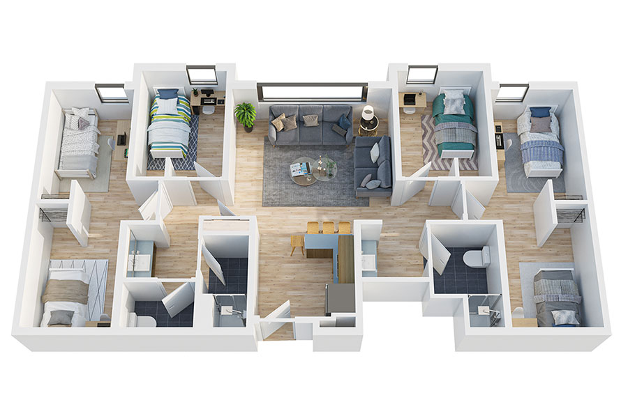 Floorplan of 5-Bed Suite composed of 2 Semi-private rooms and 2 shared rooms