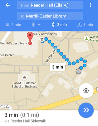 Walking directions from Reeder Hall to Merrill-Cazier Library