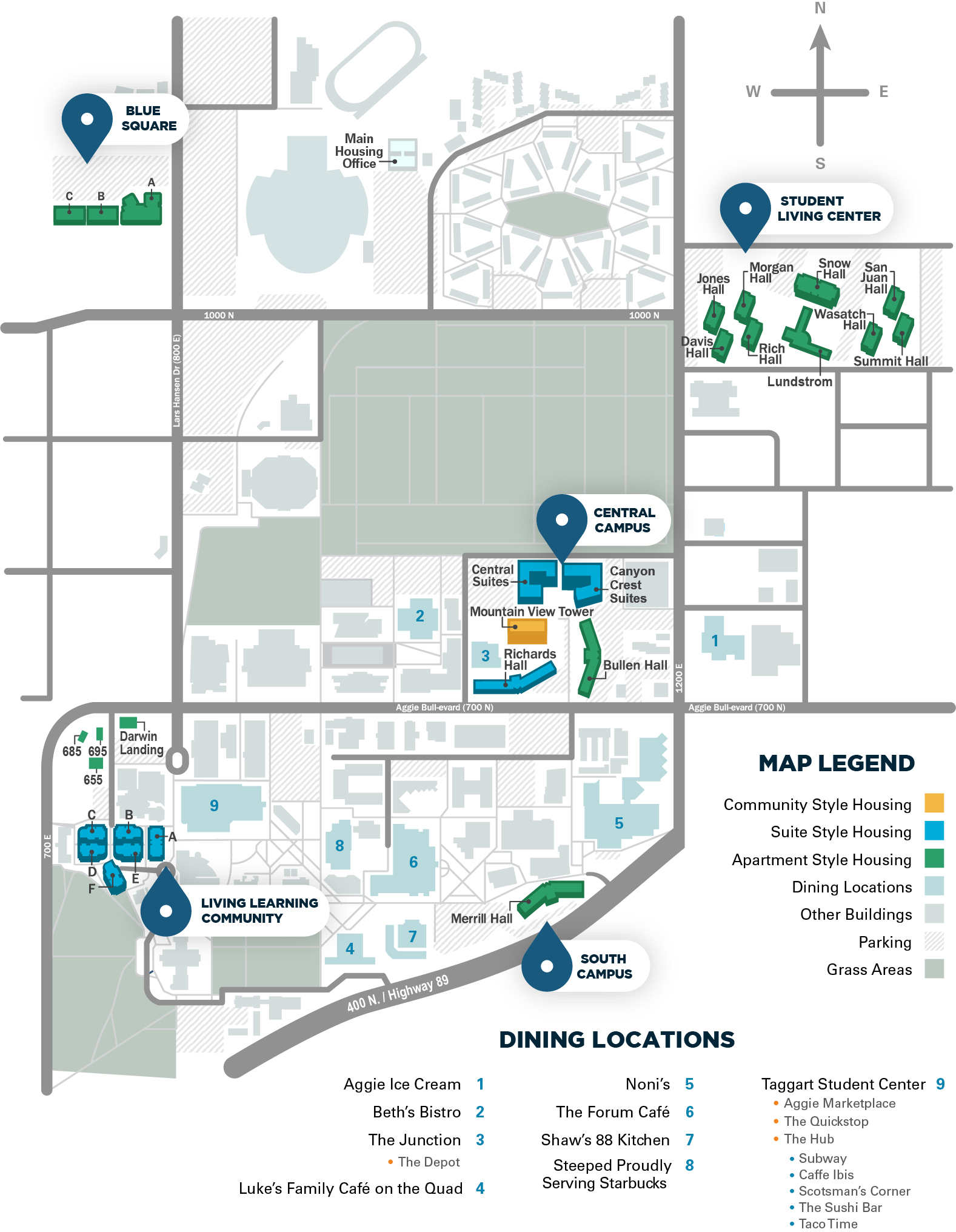 Single Housing map with on-campus Dining locations
