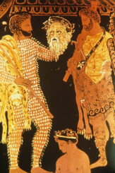 Greek vase depicting Greek actors in costume (click to see larger image)