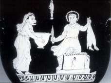 Vase depicting a scene from a comedy, possibly an Italian production of Aristophanes' Thesmophoriazusae (click to see larger image)