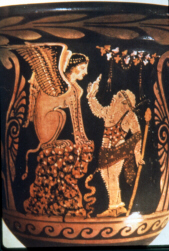 Greek vase depicting Silenus and the Sphinx (click to see larger image)