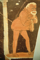 Greek vase depicting an old man in a comic play (click to see larger image)