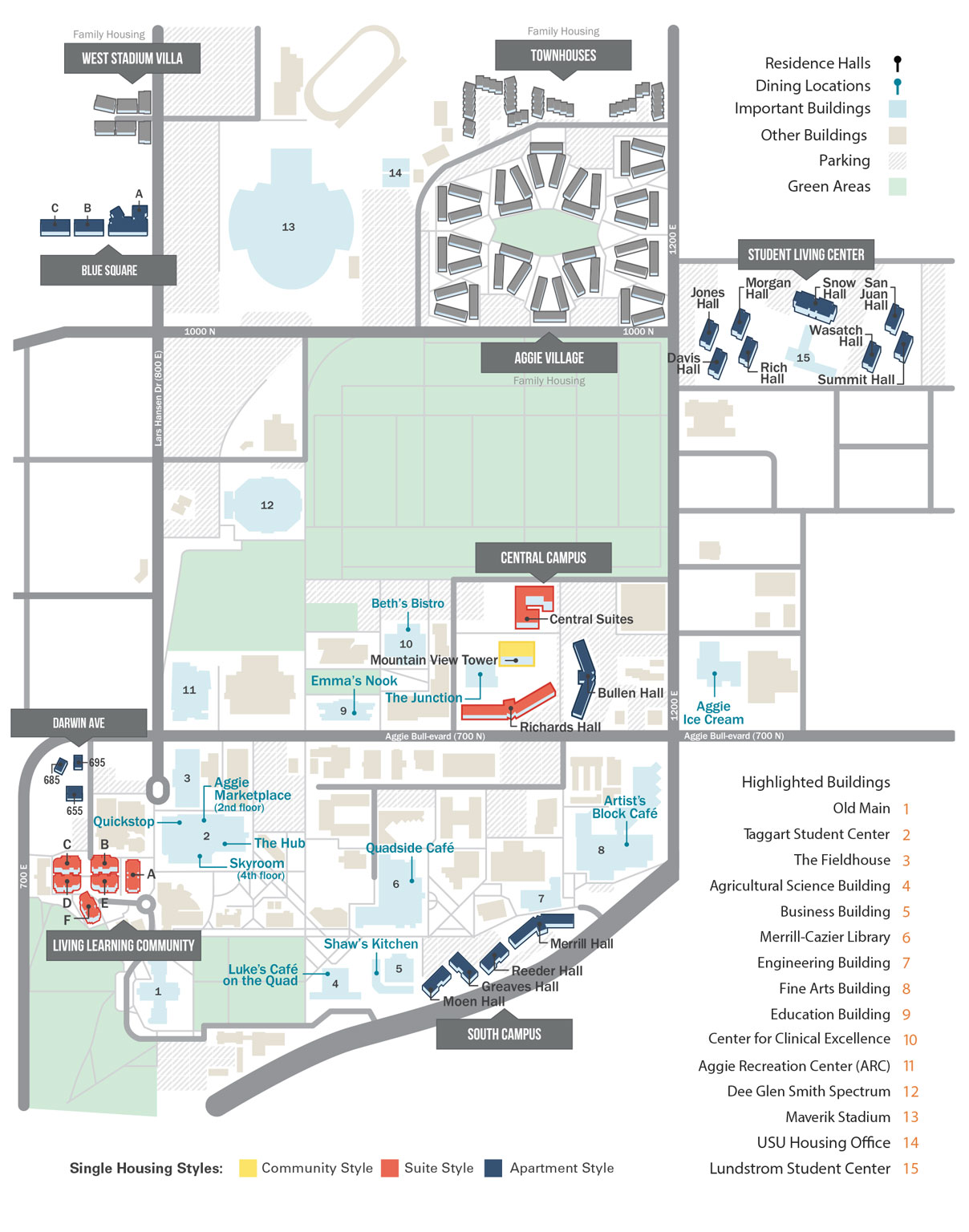 student housing and dining map