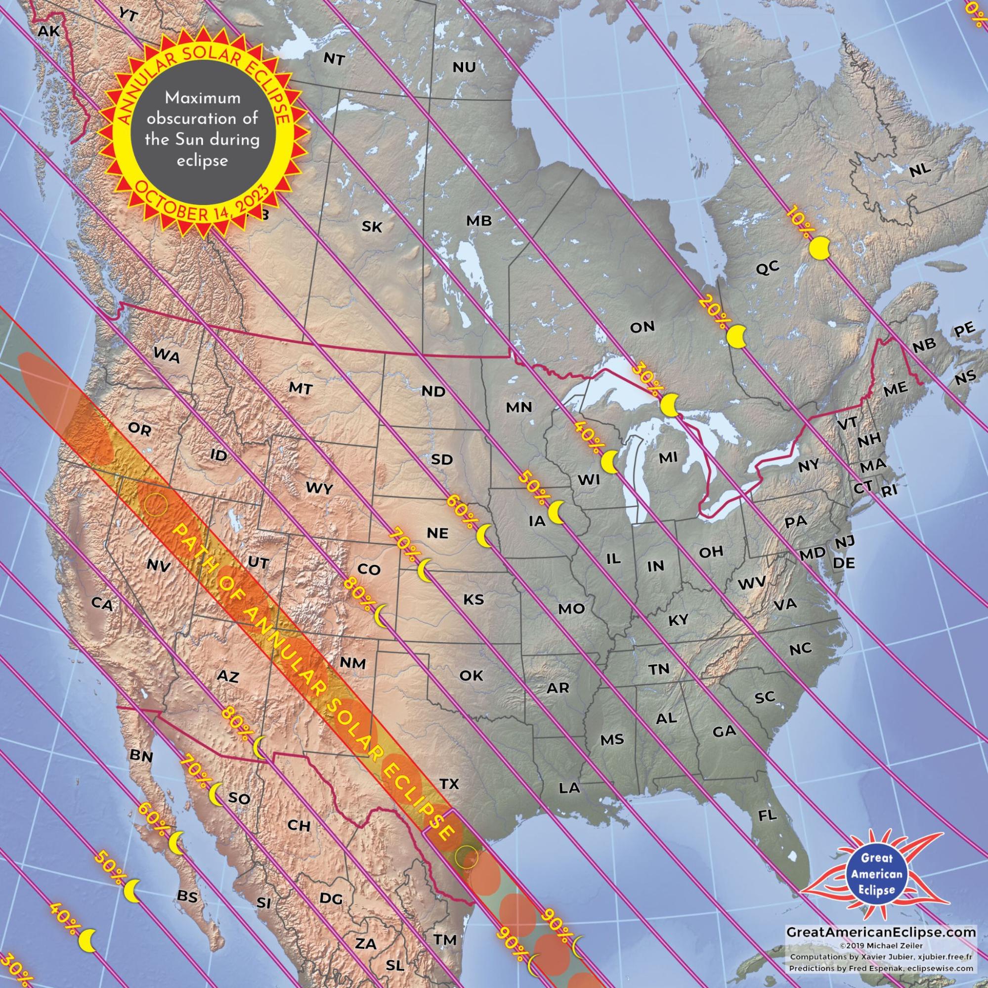 The path of the annular solar eclipse over North America