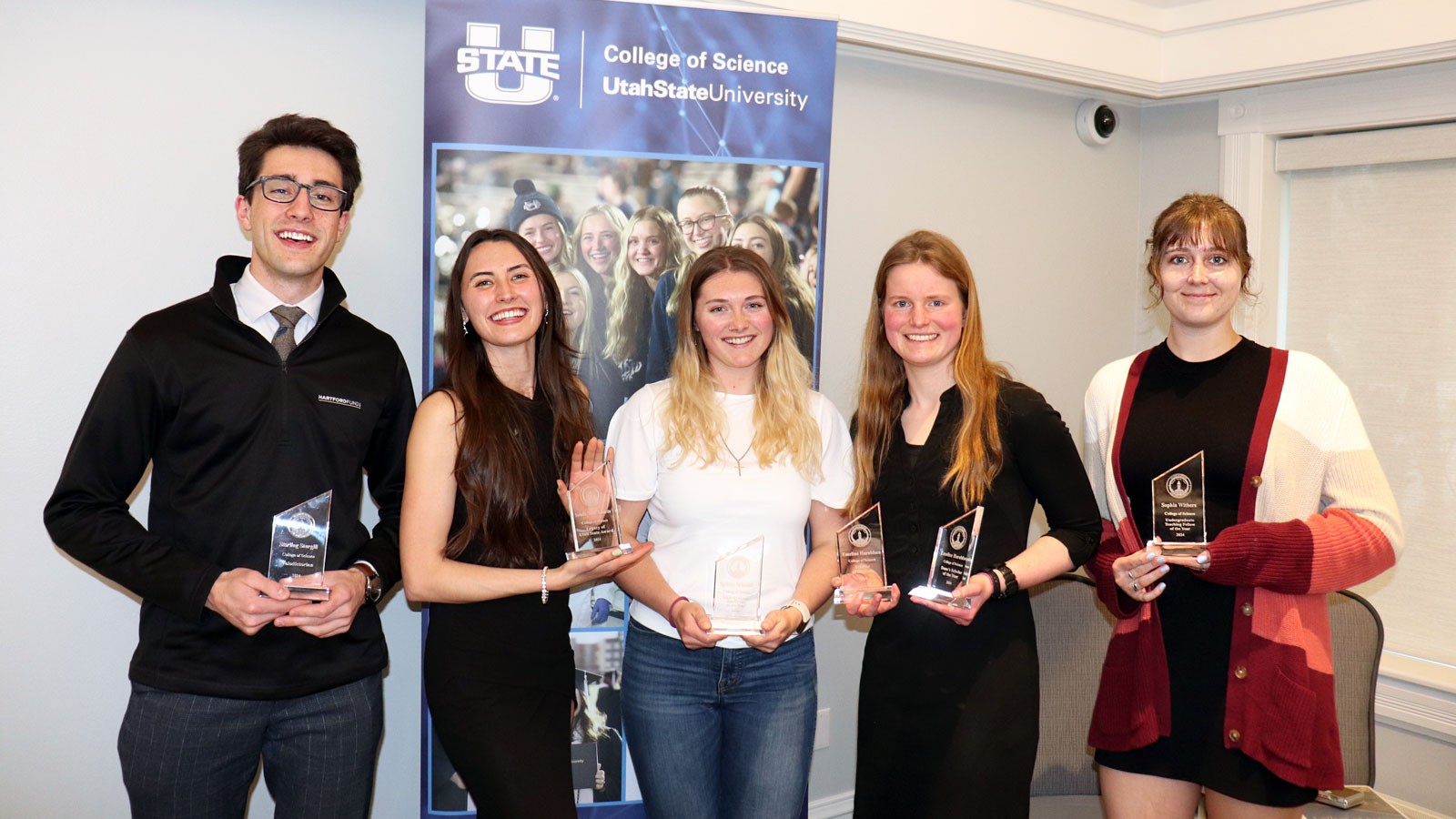 Among USU College of Science undergraduates honored at the college's annual awards ceremony April 25 were, from left, Sterling Sturgill, Bella Lonardo, Sydney Schmidt, Emeline Haroldsen and Sophia Withers.