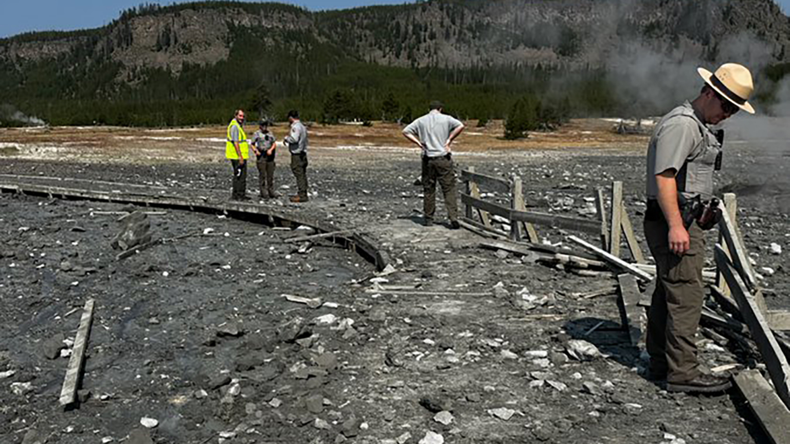ellowstone National Park officials survey damage near Biscuit Basin from a hydrothermal explosion