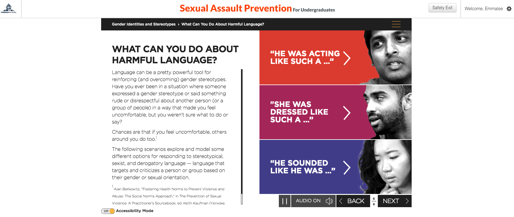 Sexual Assault Prevention course landing page