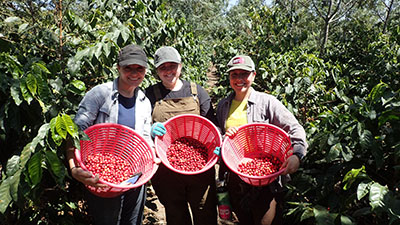 students holding baskets of coffee berries