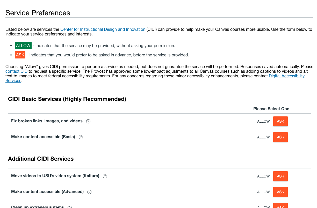 Preview of Service Preferences in Canvas.