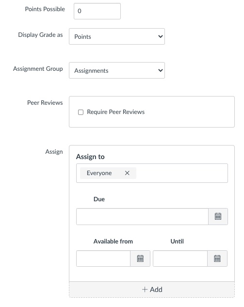 graded discussion options showing a field for points possible, a dropdown menu for display grade as with points as default option, assignment group dropdown with assignments as default option, require peer reviews checkbox, assign to with everyone as default, due, available from, and until date