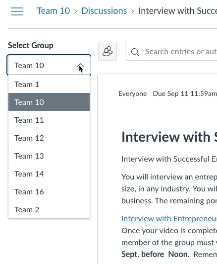 Select Group dropdown expanded with Team 10 option highlighted.