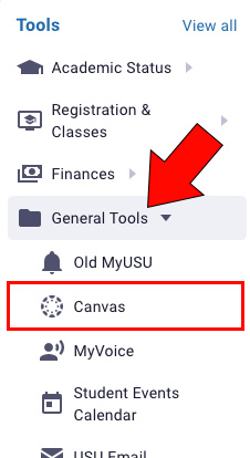 Arrow pointing at General Tools dropdown and box highlighting Canvas