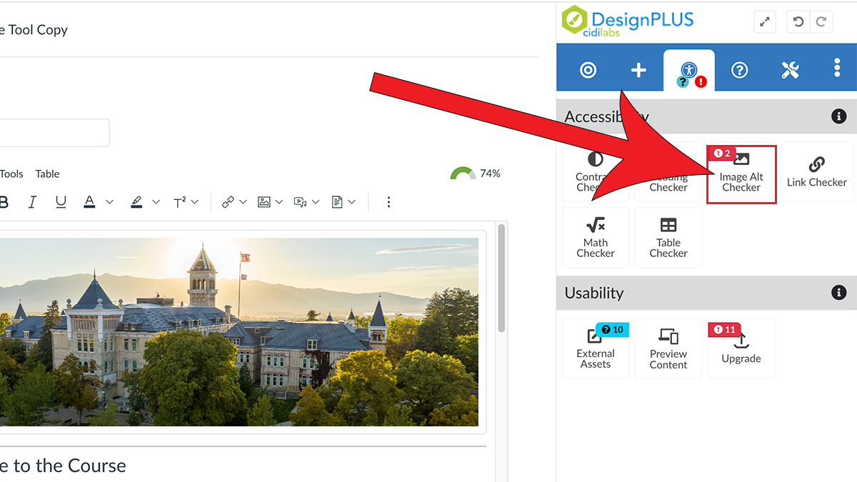 Arrow pointing at Image Alt Checker option under the Accessibility section in the DesignPLUS sidebar.