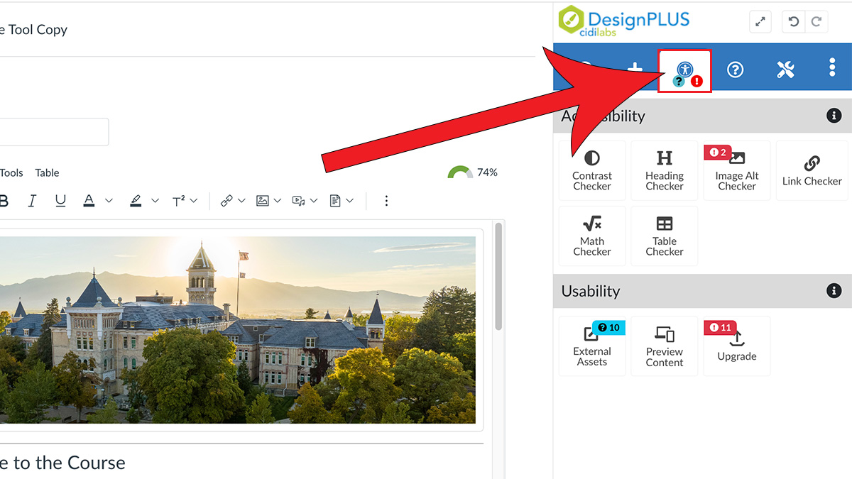 Arrow pointing at tab with accessibility icon in the DesignPLUS sidebar.