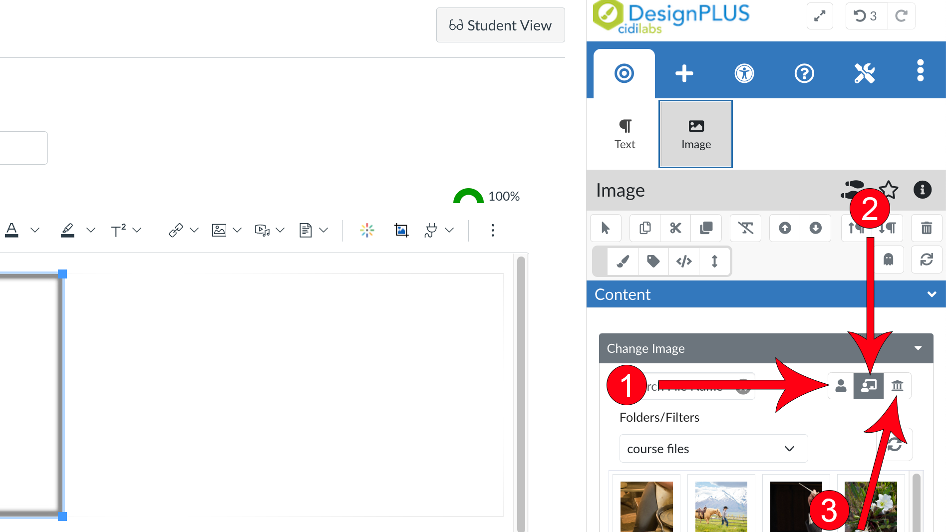 DesignPLUS sidebar expanded 3 arrows pointing at (1) single user icon (2) user with whiteboard icon (3) museum icon.