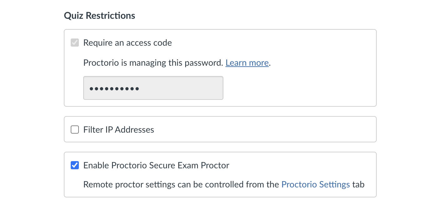 Quiz Restrictions section with Enable Proctorio Secure Exam Proctor activated.