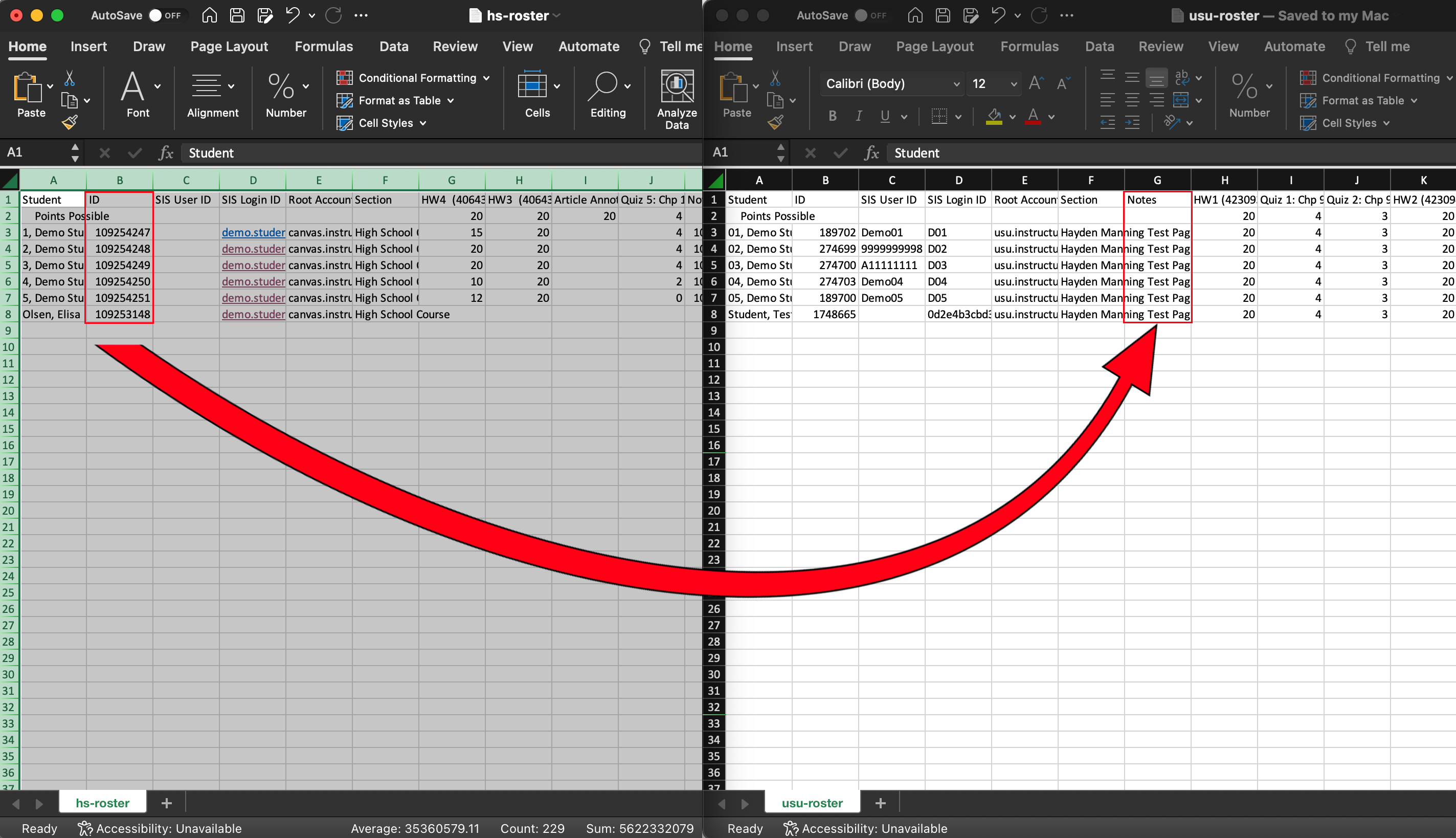 Arrows pointing at the ID column in both spreadsheets.