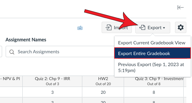 Arrow pointing at Export dropdown with Entire Gradebook highlighted.