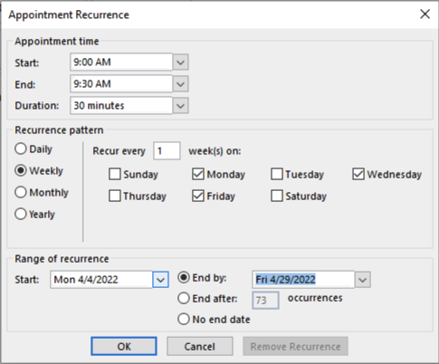 calendar event recurrence settings
