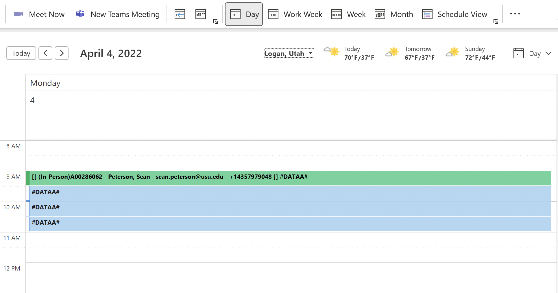 outlook calendar day view with reserved and open appointment blocks