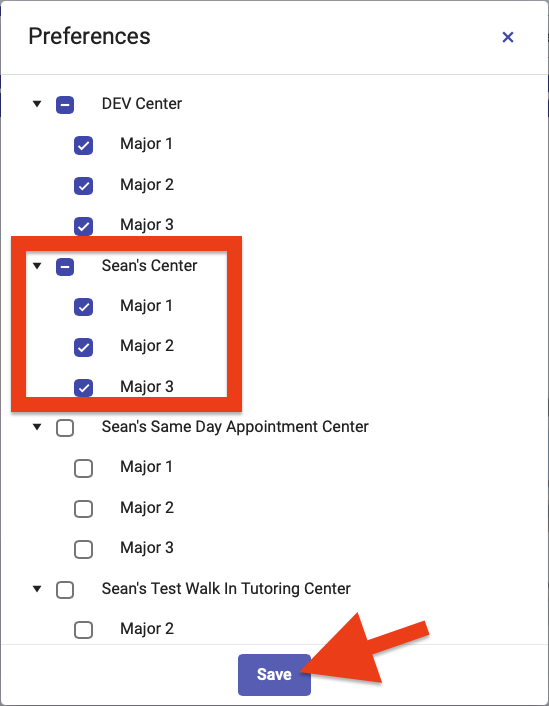 example of the Center Preferences window with the Save button at the bottom.