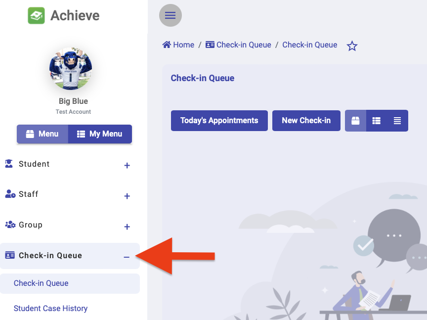 the location of the check-in queue tab in Achieve