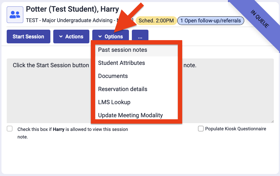 the different advising information options available when using the check-in queue in Achieve