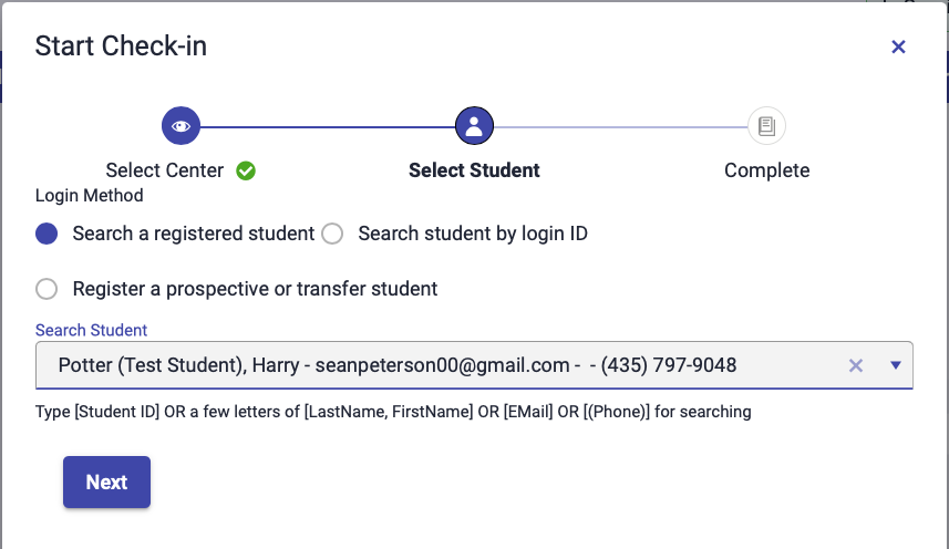 screen to search for and select the student who is making the drop in appointment