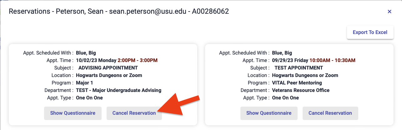 example of the Reservations pop up and the location of the Cancel Reservation button